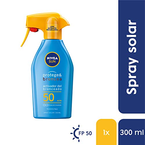 NIVEA SUN Protege & Broncea Spray Solar FP50 (1 x 300 ml), activador del bronceado, protección solar alta, protector solar hidratante y resistente al agua, pistola