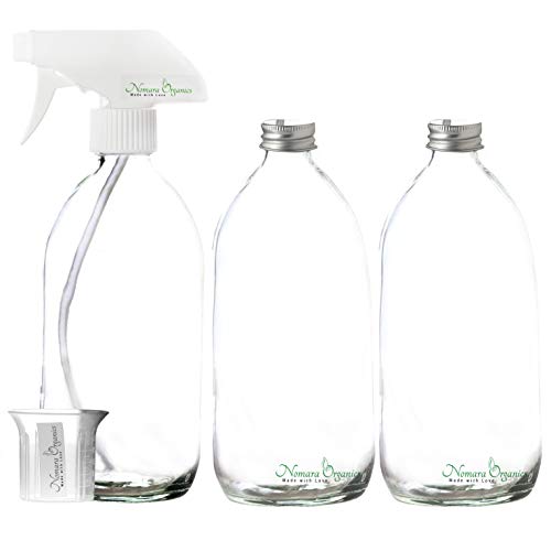 Nomara Organics Made with Love Vaporizador en Botellas de Vidrio Transparente sin BPA, 3 botellas de 500 ml. Gatillo blanco, Recargable para Plantas/Baño/Orgánica/Limpieza