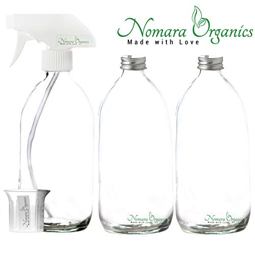 Nomara Organics Made with Love Vaporizador en Botellas de Vidrio Transparente sin BPA, 3 botellas de 500 ml. Gatillo blanco, Recargable para Plantas/Baño/Orgánica/Limpieza