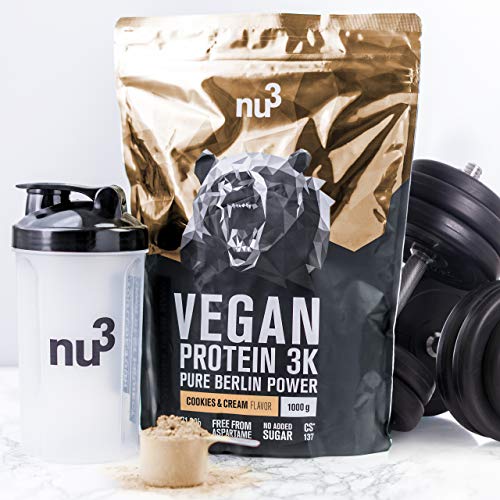 nu3 - Proteína vegana 3K - 1kg de fórmula - 70% de proteína a base de 3 componentes vegetales - Proteínas para el crecimiento de la masa muscular con delicioso sabor cookies & cream