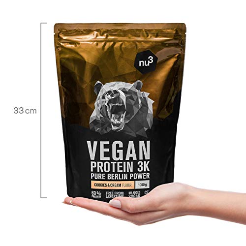 nu3 - Proteína vegana 3K - 1kg de fórmula - 70% de proteína a base de 3 componentes vegetales - Proteínas para el crecimiento de la masa muscular con delicioso sabor cookies & cream