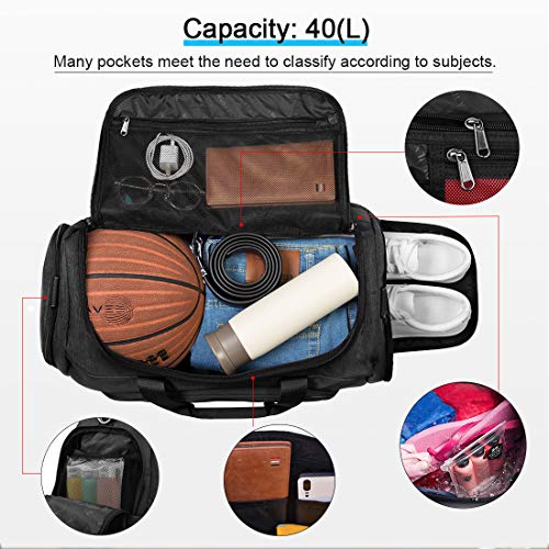 NUBILY Bolsa de Deporte Bolsa Gimnasio de Viaje con Compartimento para Zapatos Impermeable Bolsos Deportivos Mujer de Grande 40L para Hombre y Mujer Negro