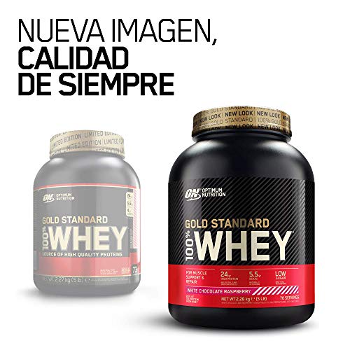 Optimum Nutrition ON Gold Standard 100% Whey Proteína en Polvo Suplementos Deportivos, Glutamina y Aminoacidos, BCAA, Chocolate Blanco y Frambuesa, 76 Porciones, 2.28 kg, Embalaje Puede Variar