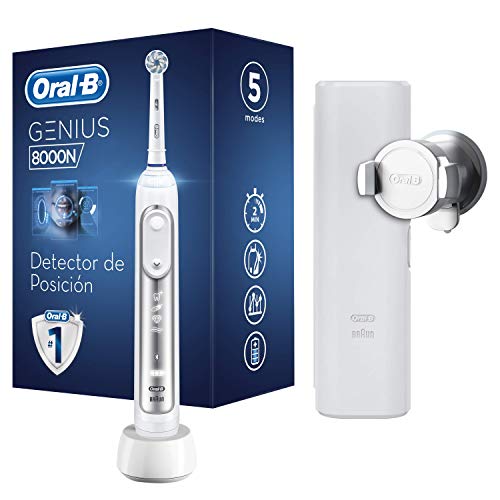 Oral-B Genius 8000N CrossAction Cepillo eléctrico, 1 plata mango conectado, 5 modos blanqueado, sensible, encías, 1 cabezal, funda de viaje Premium