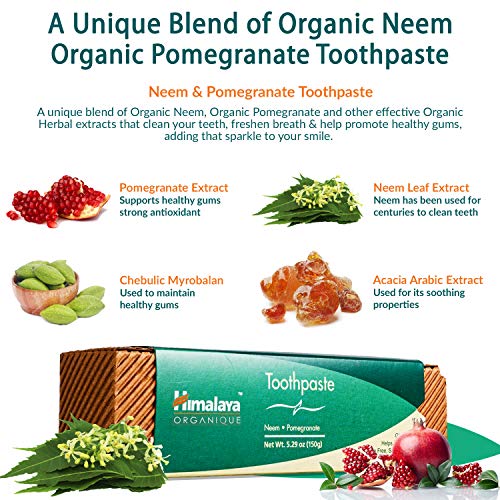 Organique by Himalaya Neem and Pomegranate, Pasta de Dientes de Neem y Granada, Natural, Sin Fluoruro, Sacarina y SLS, 150g