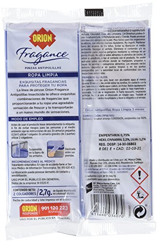 ORION Fragance - Pinzas Ambientadoras Antipolillas para Armarios, Aroma Ropa Limpia - Bolsa de 2 Unidades