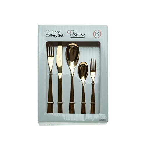 Otto Koning - Berlín - Set cubiertos de 30 piezas de acero inoxidable chapado en titanio dorado y pulido brillante , espesor 4 mm y cuchillo chuletero. Una cubertería de mesa moderna para 6 comensales