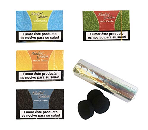 Outletdelocio. Pack 4 Hierba para cachimba Shisha de sabores Variados (Piña, Regaliz, Ron y Limon) + Pastillas Carbon cachimba