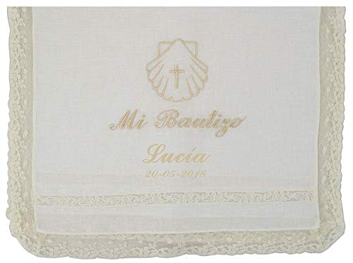 Pack Bautizo PERSONALIZADO incluye paño Bautismal y Vela de cera blanca. Modelo París (Camel)