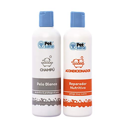 Pack Champu Perro Pelo Blanco + Acondicionador suavizante intensificador de Color Brillo Espectacular para Razas como Caniche, West Highland Terrier, Sky Terrier para Perros con Tonos claros