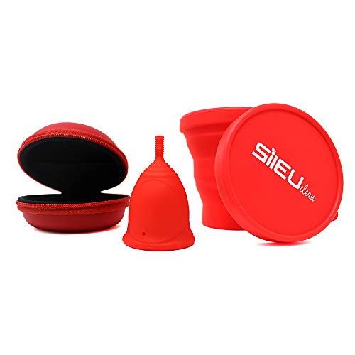 Pack Sileu Travel: Copa menstrual Rose - Modelo de iniciación - Talla L, Rojo, Flexibilidad Standard + Estuche de Flor Rojo + Esterilizador Plegable, Rojo