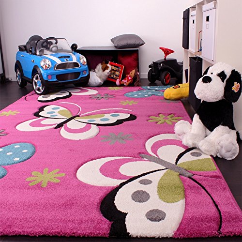 Paco Home Alfombra Infantil - Diseño De Mariposas Verde Rojo Gris Negro Crema Rosa, tamaño:80x150 cm