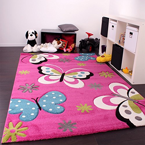 Paco Home Alfombra Infantil - Diseño De Mariposas Verde Rojo Gris Negro Crema Rosa, tamaño:80x150 cm