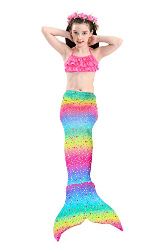 PaisDola Cola de Sirena para niñas para Nadar Incluido Traje de Sirena baño de Bikini de 3 Piezas (110, DH29-48)