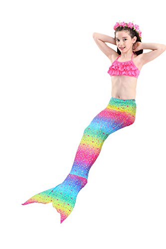 PaisDola Cola de Sirena para niñas para Nadar Incluido Traje de Sirena baño de Bikini de 3 Piezas (110, DH29-48)