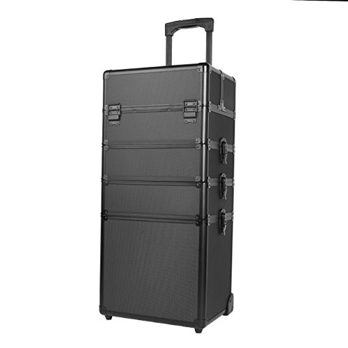 Paneltech 4 en 1 Maquillaje MaletBelleza Maquillaje Belleza Rolling Case Organizador Cosméticos Peluquería Caja de almacenamiento con cerradura Bolsa Profesional portátil de viaje Trolley (Puro Negro)