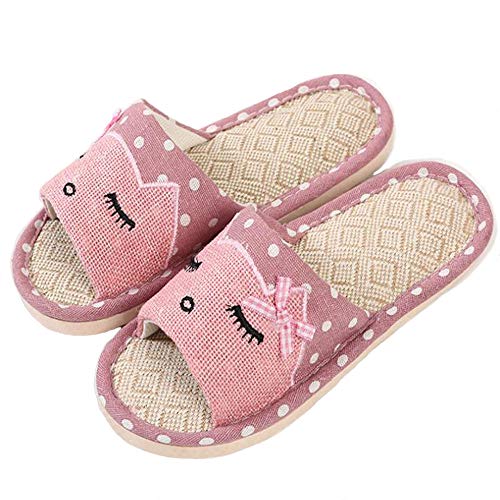 Pareja de Lino Zapatillas de casa de Estilo japonés niño Divertido Zapatillas de Dibujos Animados Transpirable Antideslizante luz de Fondo Regalo con Amor (36/37 EU,Rosado)