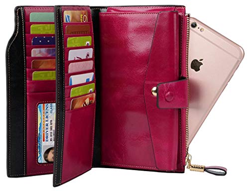 PARVENZA Mujer Monedero RFID Bloqueo Cartera Gran Capacidad Billetera Cera Cuero Genuino Monederos Rosa PVZ0702R