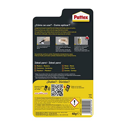 Pattex Barrita Arreglatodo Masilla bicomponente extrafuerte, pasta moldeable para pegar y reparar, resina epoxi barnizable y lijable para múltiples materiales, tubo 48 g