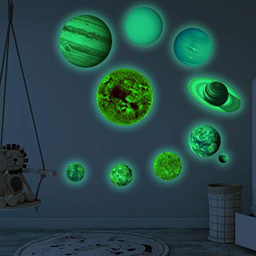 Pegatinas de Pared Luminosos 9 Planetas Pegatina Luminosa 3D Etiqueta Engomada para Habitación Infantil, Creatiees Resplandor en el Planetas Oscuro Pegatinas Decoración de la Pared