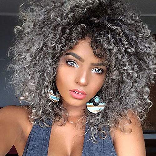 Pelucas de pelo rizado para mujer negra, pelo gris natural para mujeres negras, peluca rizada, pelucas de pelo humano rizado y rizado, pelucas sintéticas onduladas de 30 cm(WS727)