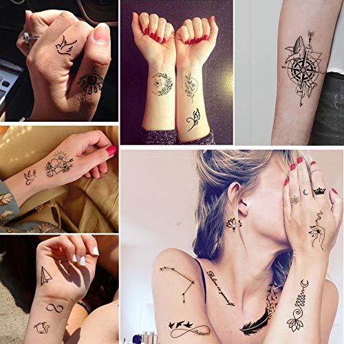 Pequeños tatuajes impermeables temporales: 60 hojas, constelaciones de estrellas de la luna, brújula musical, ancla, palabras, líneas, flores para niños, adultos, hombres y mujeres.