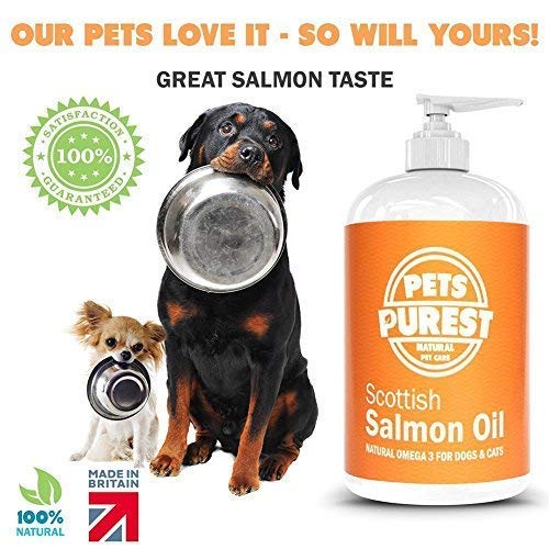 Pets Purest 100% Natural Premium Aceite de Salmón Escocés. Suplemento BARF Omega 3 6 y 9 Para Perros, Gatos, Caballos, Hurones y Mascotas. Promueve la Salud del Piel, las Articulaciones y el Cerebro