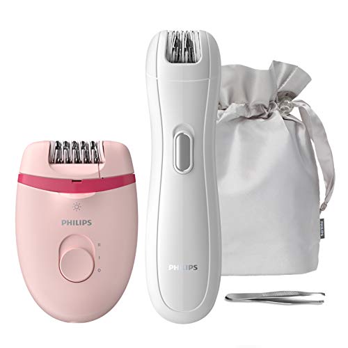 Philips BRP531/00 Satinelle Essential Compact - Depiladora con luz óptima para partes del cuerpo más grandes, mini depiladora para zonas sensibles y pinzas para correcciones finas