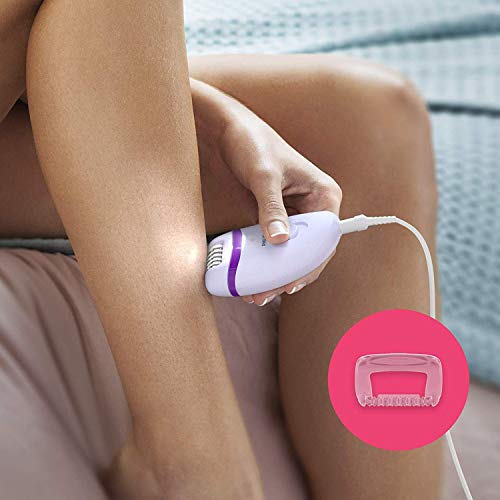 Philips Depiladora Satinelle Essential BRE275/00 - Depiladora mujer para piernas con cable compacta, luz Opti-Light, 2 ajustes de velocidad y 4 accesorios, morado