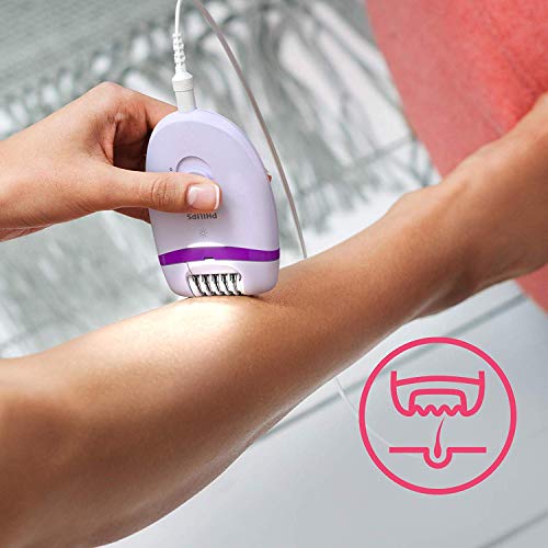 Philips Depiladora Satinelle Essential BRE275/00 - Depiladora mujer para piernas con cable compacta, luz Opti-Light, 2 ajustes de velocidad y 4 accesorios, morado