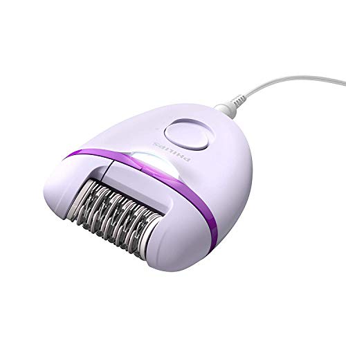 Philips Depiladora Satinelle Essential BRE275/00 - Depiladora mujer para piernas con cable compacta, luz Opti-Light, 2 ajustes de velocidad y 4 accesorios, morado