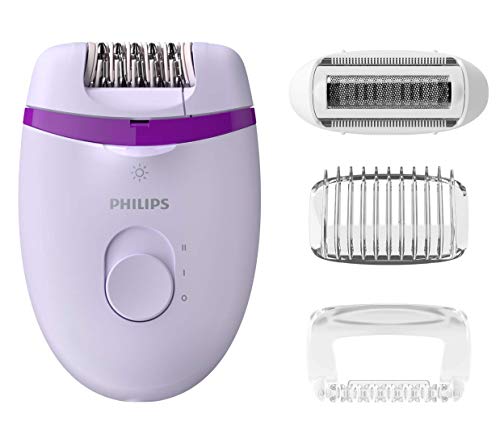 Philips Depiladora Satinelle Essential BRE275/00 - Depiladora mujer para piernas con cable compacta, luz Opti-Light, 2 ajustes de velocidad y 4 accesorios, morado