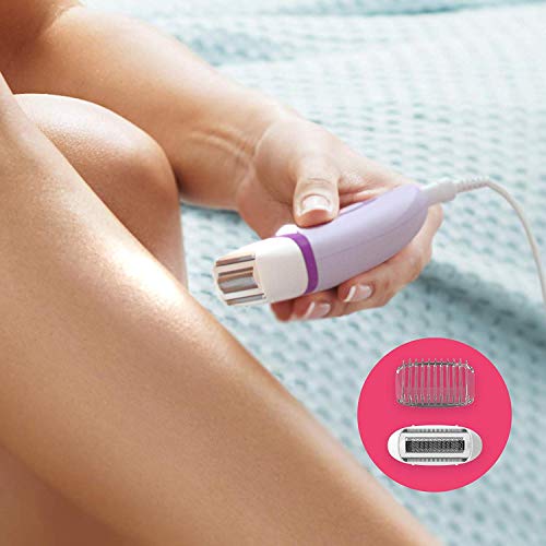 Philips Depiladora Satinelle Essential BRE275/00 - Depiladora mujer para piernas con cable compacta, luz Opti-Light, 2 ajustes de velocidad y 4 accesorios, morado