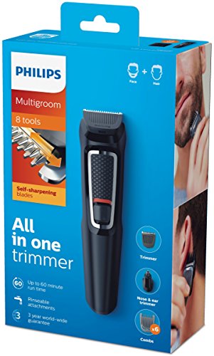 Philips MG3730/15 Recortadora para barba y pelo, 8 en 1, accesorios para nariz y orejas, cortapelos cara, y cabeza, 60 minutos de autonomía, Negro