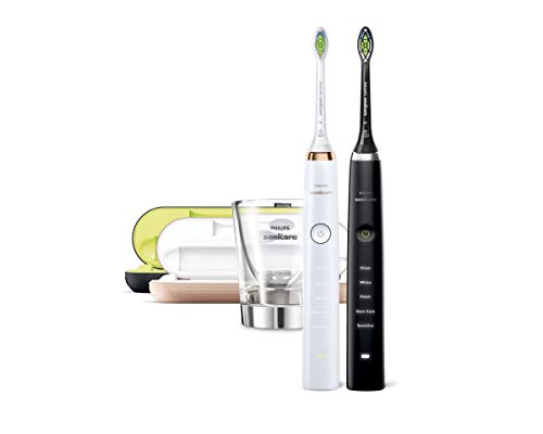 Philips Sonicare Diamond Clean HX9392/39 - Pack 2 Cepillos de Dientes Electricos Recargables, 5 Modos, 2 Cabezales, Vaso Cargador, Estuche USB, Color Negro, Blanco y Rosa