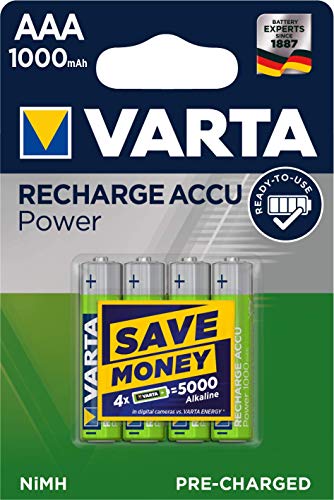 Pila precargada AAA Micro de Ni-Mh VARTA Rechargeable Ready2Use (paquete de 4 unidades, 1000 mAh), recargable sin efecto de memoria - Listo para usar