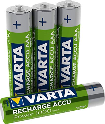 Pila precargada AAA Micro de Ni-Mh VARTA Rechargeable Ready2Use (paquete de 4 unidades, 1000 mAh), recargable sin efecto de memoria - Listo para usar