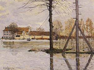 Pintura al óleo Pintado a Mano GFM de Ferry to The ILE-de-la-Loge Flood 1872, Pintura al óleo de Alfred Sisley, Lona, 72 x 96 Inch