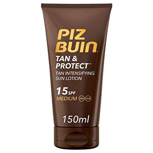 Piz Buin, Protección Solar, Loción Solar Tan & Protect Intensificadora del Bronceado SPF 15 Protección media, Bote 150 ml