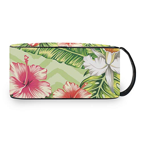 Plátano portátil Hojas y flores de palma Hibisco rojo rosado Orquídea blanca Bolsa de artículos de tocador Bolsa de maquillaje de viaje Organizador Herramientas Estuche de tren cosmético