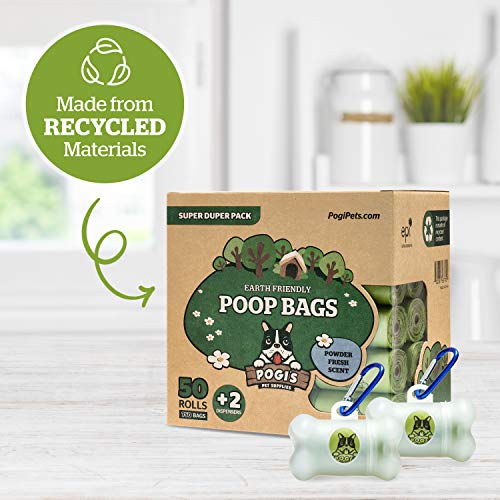 Pogi's Poop Bags - Bolsas para excremento de Perro - 50 Rollos (750 Bolsas) + 2 Dispensadores - Grandes, Biodegradables, Perfumadas, Herméticas