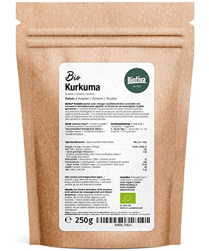 Polvo de cúrcuma orgánica 250 g - raíz molida de cúrcuma de alta calidad - curcumina - bolsa con cierre hermético - llenado en Alemania (DE-ÖKO-005)