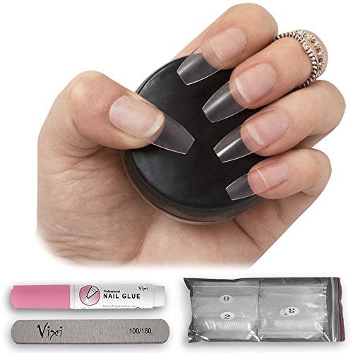 Por Vixi 500 piezas Uñas Caja / Bailarina 10 tamaños - Largo Transparente Cubrir completo Uñas postizas - con PEGAMENTO GRATIS Y ARCHIVO DE PREPARACIÓN