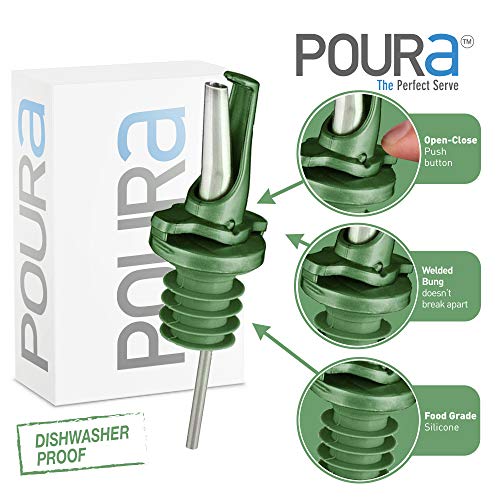 Poura Boquillas de Aceite de Oliva – Boquilla para Botella UK Patentada – Flujo Medio y Cierre para Control Preciso – Tapón Vertedor Que Mantiene el Aceite Fresco Sabroso Sin Oxidación – 2 Pack Verde