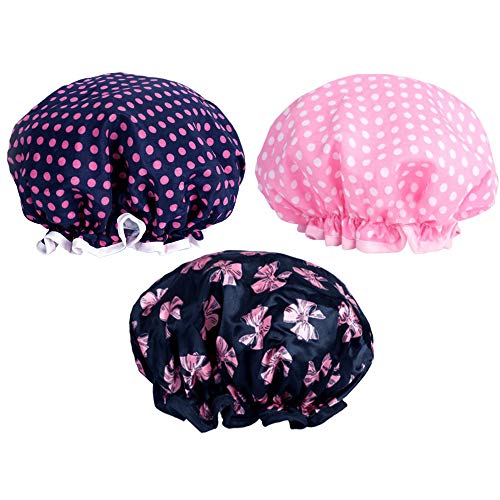 PrettyDate - 3 gorros de ducha de doble capa, elásticos y resistentes al agua - Gorros de baño femeninos para ducha y balneario