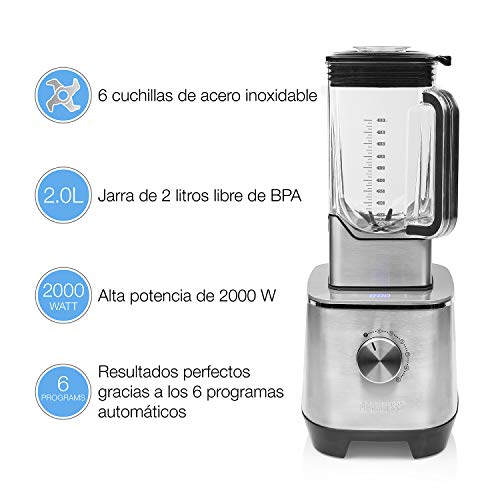 Princess 219500 Potente Batidora de 2000 W con jarra tritan de 2 litros libre de BPA, 6 programas automáticos, apta para picar hielo, Acero inoxidable