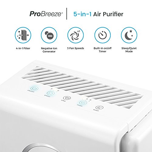 Pro Breeze Purificador de aire 5 en 1 con pre-filtro, filtro HEPA, filtro de carbón activado, catalizador frío y generador de iones negativos. Contra las alergias y los olores (CADR 218, 40 m²)