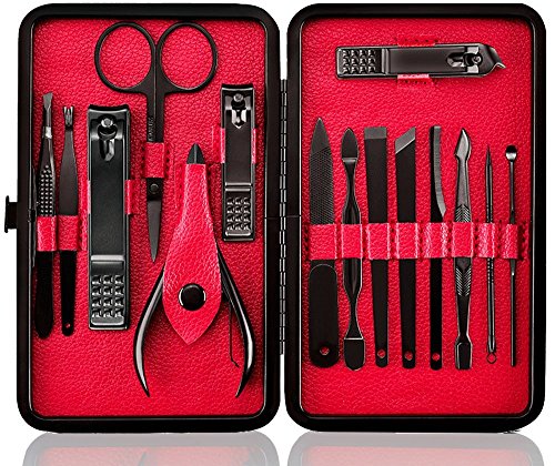 Profesional Cortaúñas Acero Inoxidable Grooming Kit - Set de 15 Piezas para Manicura y Pedicura Limpiador Cutícula con Bonita Caja (Rojo)