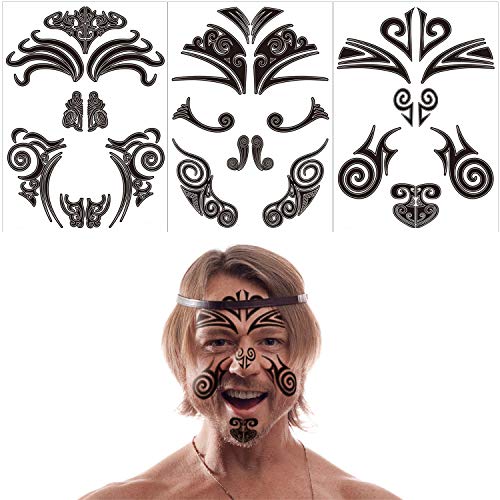 Qpout12 pcs Tatuajes temporales de cara, tatuajes de cara maorí Pegatinas tribales de tatuaje de cara negra para mujeres/hombres Fiesta de carnaval Fiesta temática maorí Suministros de decoración