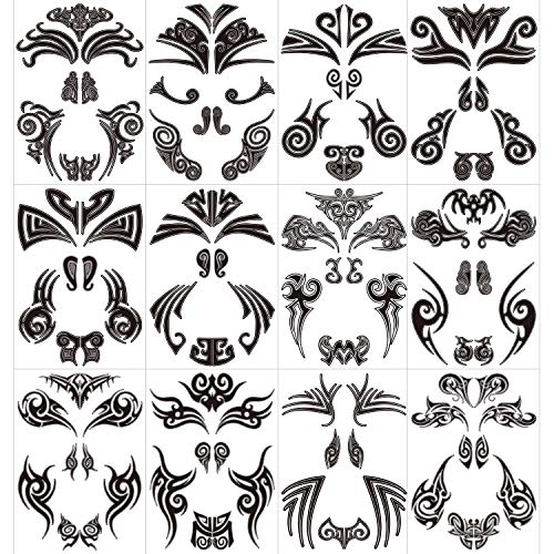 Qpout12 pcs Tatuajes temporales de cara, tatuajes de cara maorí Pegatinas tribales de tatuaje de cara negra para mujeres/hombres Fiesta de carnaval Fiesta temática maorí Suministros de decoración